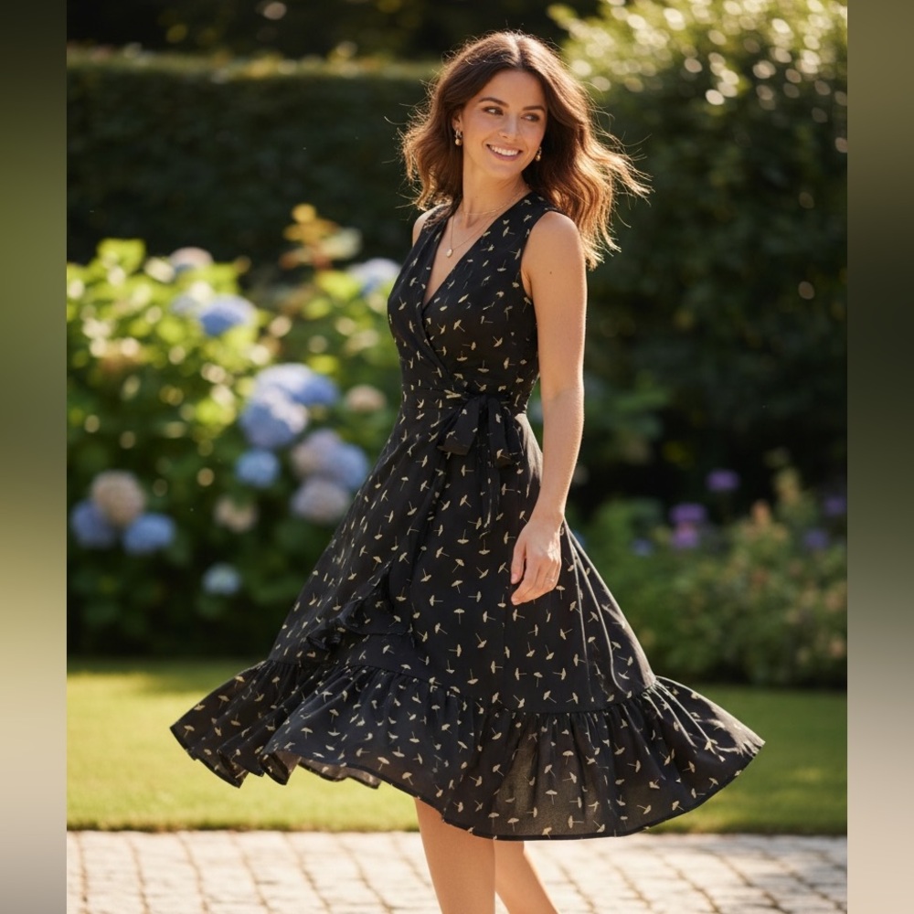 Cala Black and Yellow Asymmetrical Umbrella Sundress with Notched Collar